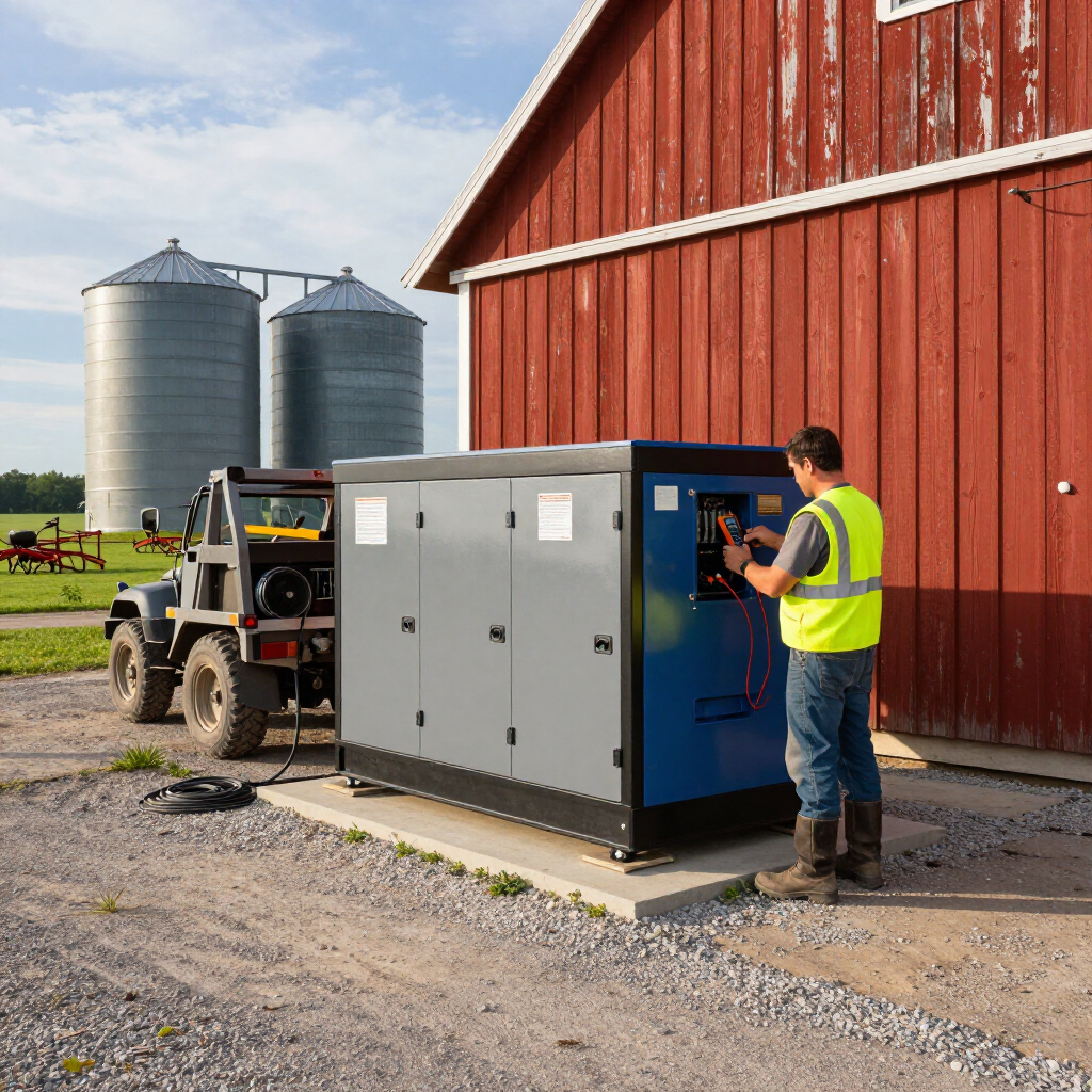 Worker operating a blue generator beside a red barn on a farm, with silos in the background