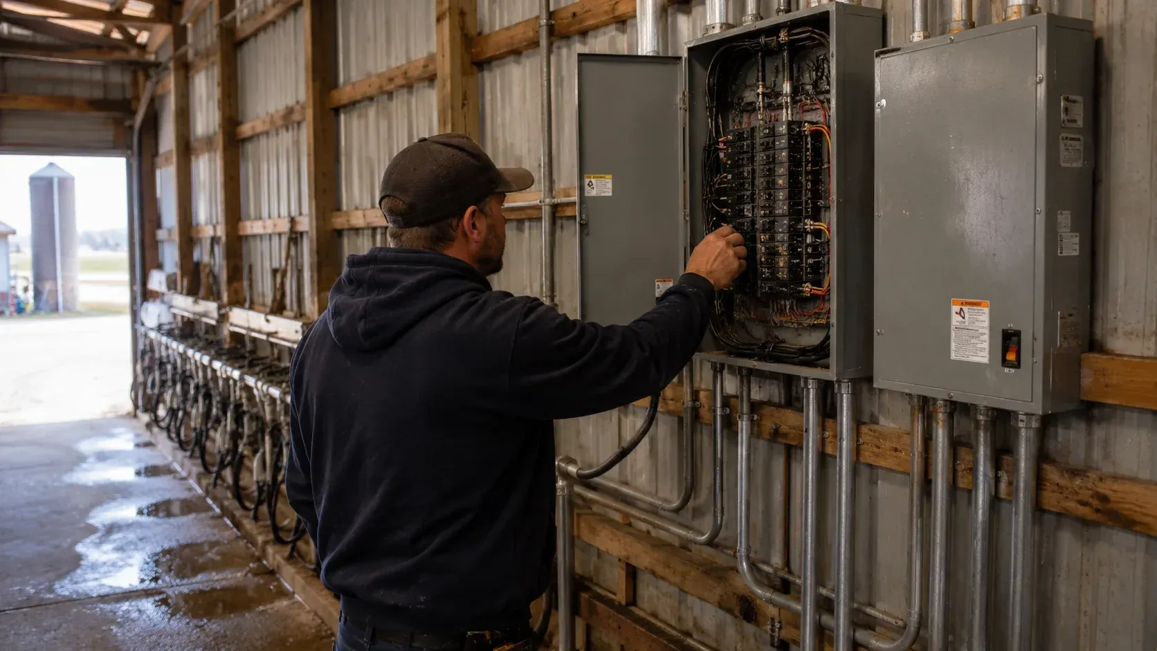 Electrician working on a circuit panel to inspect a farm's electrical system in Harpers Ferry.