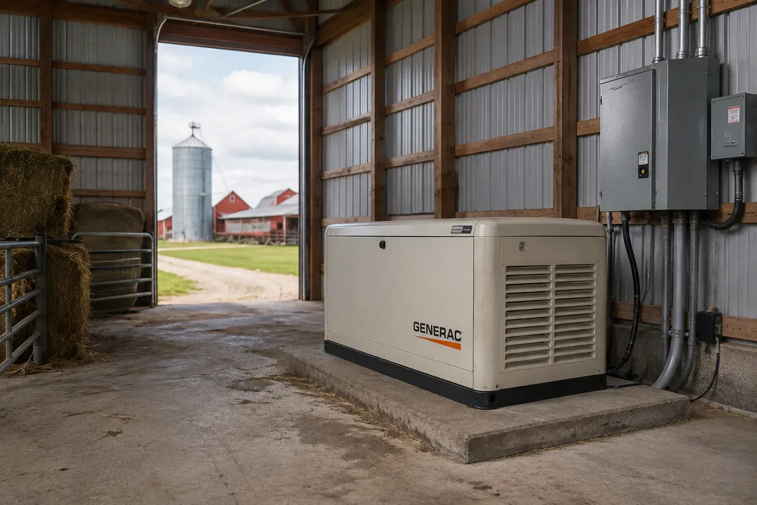 A Generac standby backup generator installed inside a farm barn next to electrical panels.