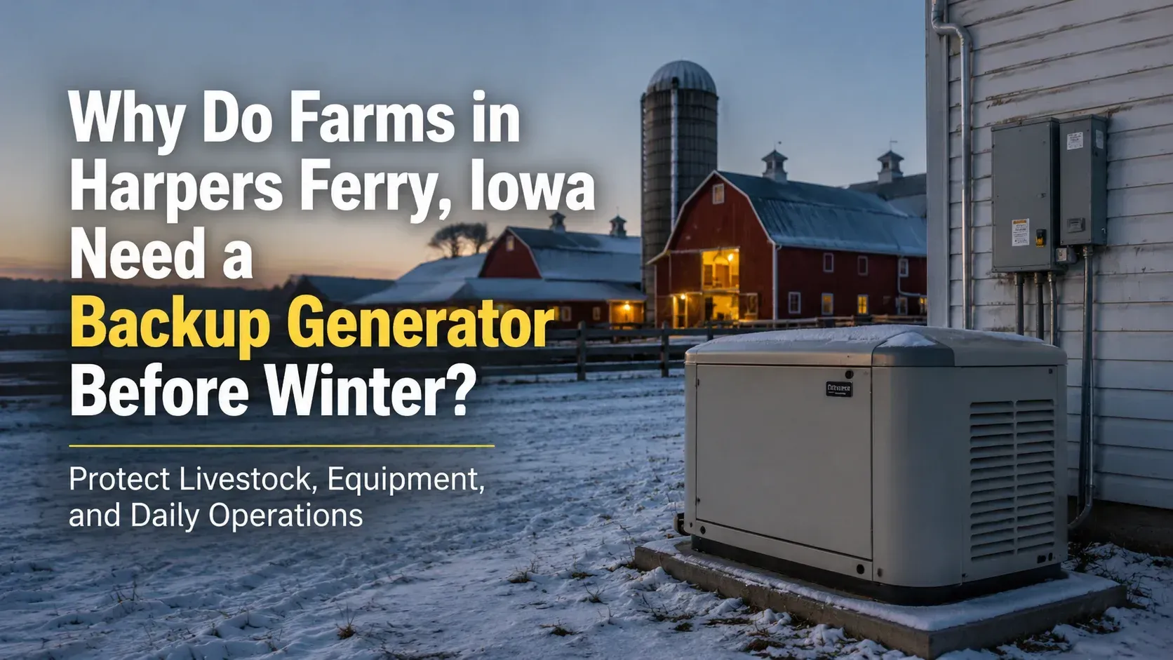 A standby farm generator installed next to a snowy barn, illustrating why do farms need a backup generator before winter.