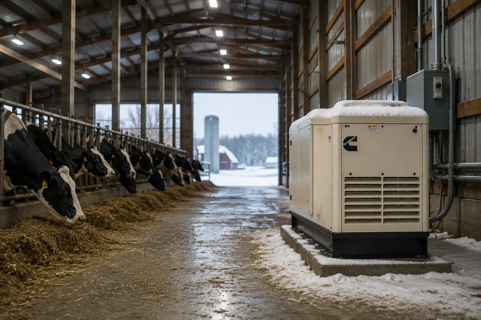 A standby farm generator in the snow, explaining why do farms need a backup generator before winter.