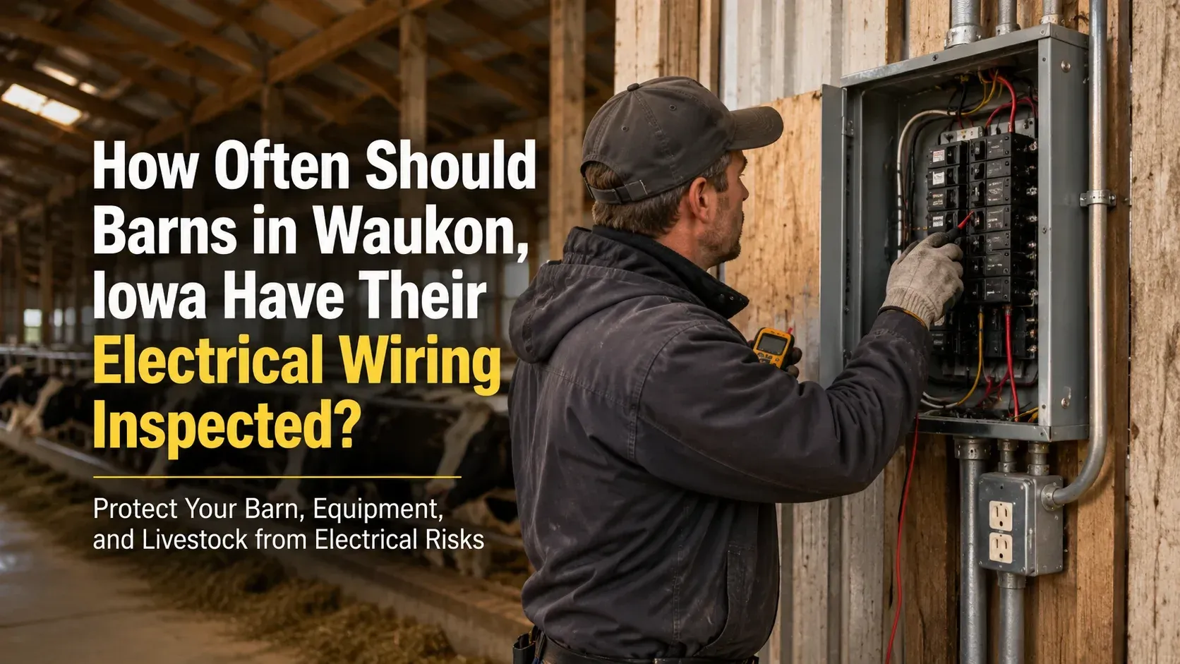 An electrician has the barn's electrical wiring inspected at the main circuit breaker panel.