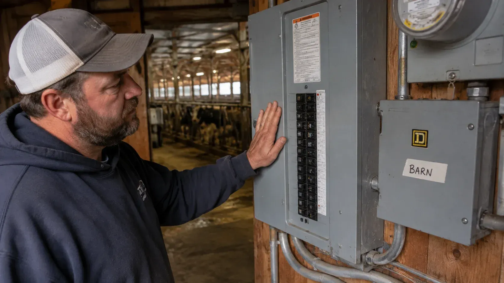 Electrician inspecting what happens if you ignore a warm electrical panel on your farm.