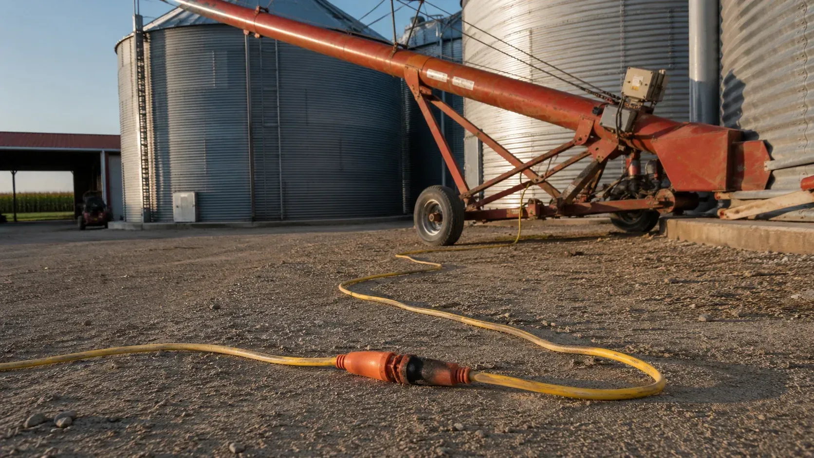 Grain bin auger using an extension cord, showing what happens without a dedicated circuit.