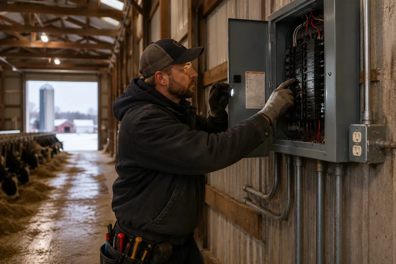 An electrician getting a barn's electrical wiring inspected at the breaker panel.