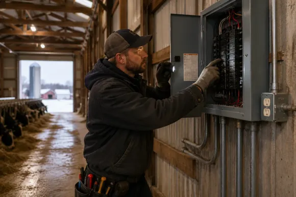 Worker inspecting an electrical panel on a barn wall in a snowy corridor