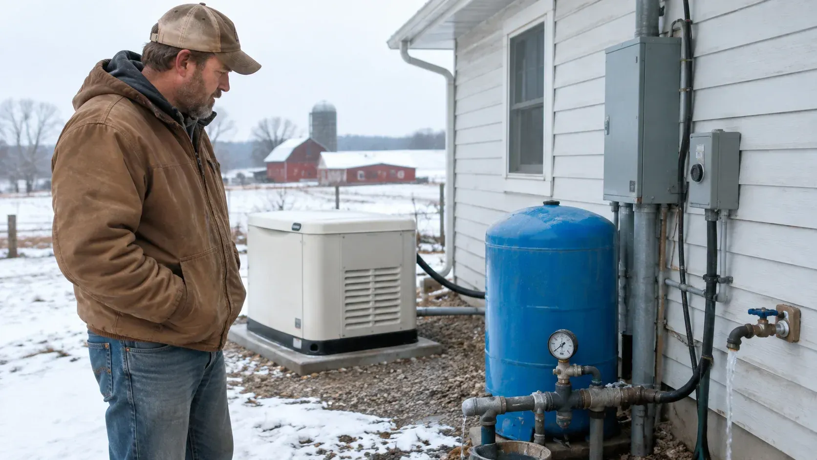 Farmer checks equipment as a generator powers a farmhouse during a winter outage.