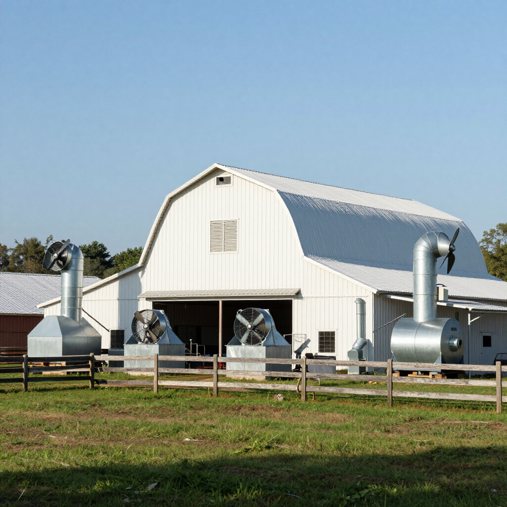 White farm barn with metal silos and equipment behind a wooden fence under a clear blue sky
