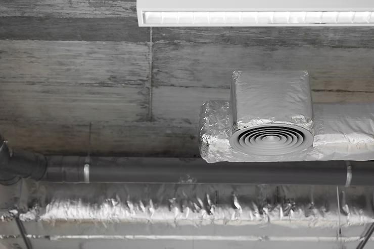 Ceiling with ductwork, ventilation vent, and a fluorescent light fixture.