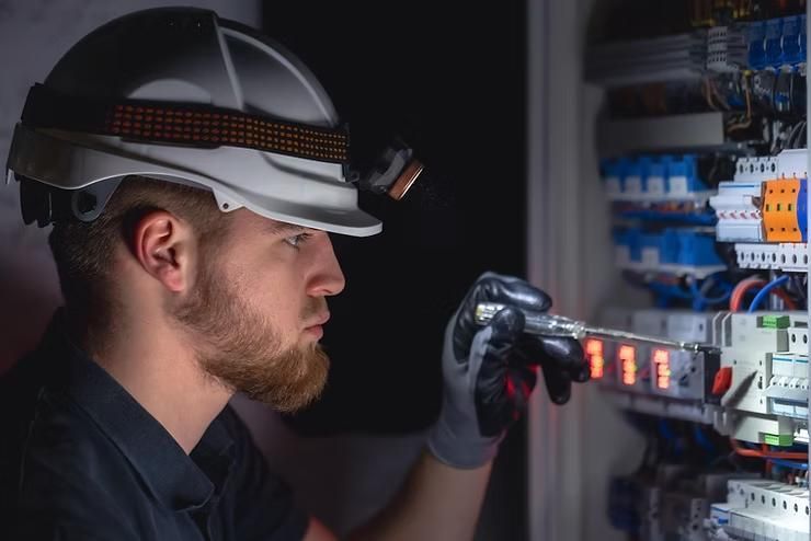 Electrician working on electrical panel, wearing hard hat and using a tool, lit by headlamp.
