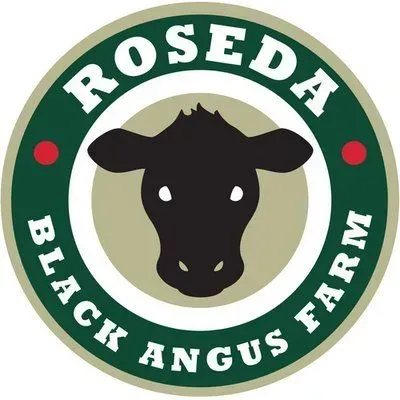 Roseda Black Angus Farm logo with a black cow head in a green circular emblem