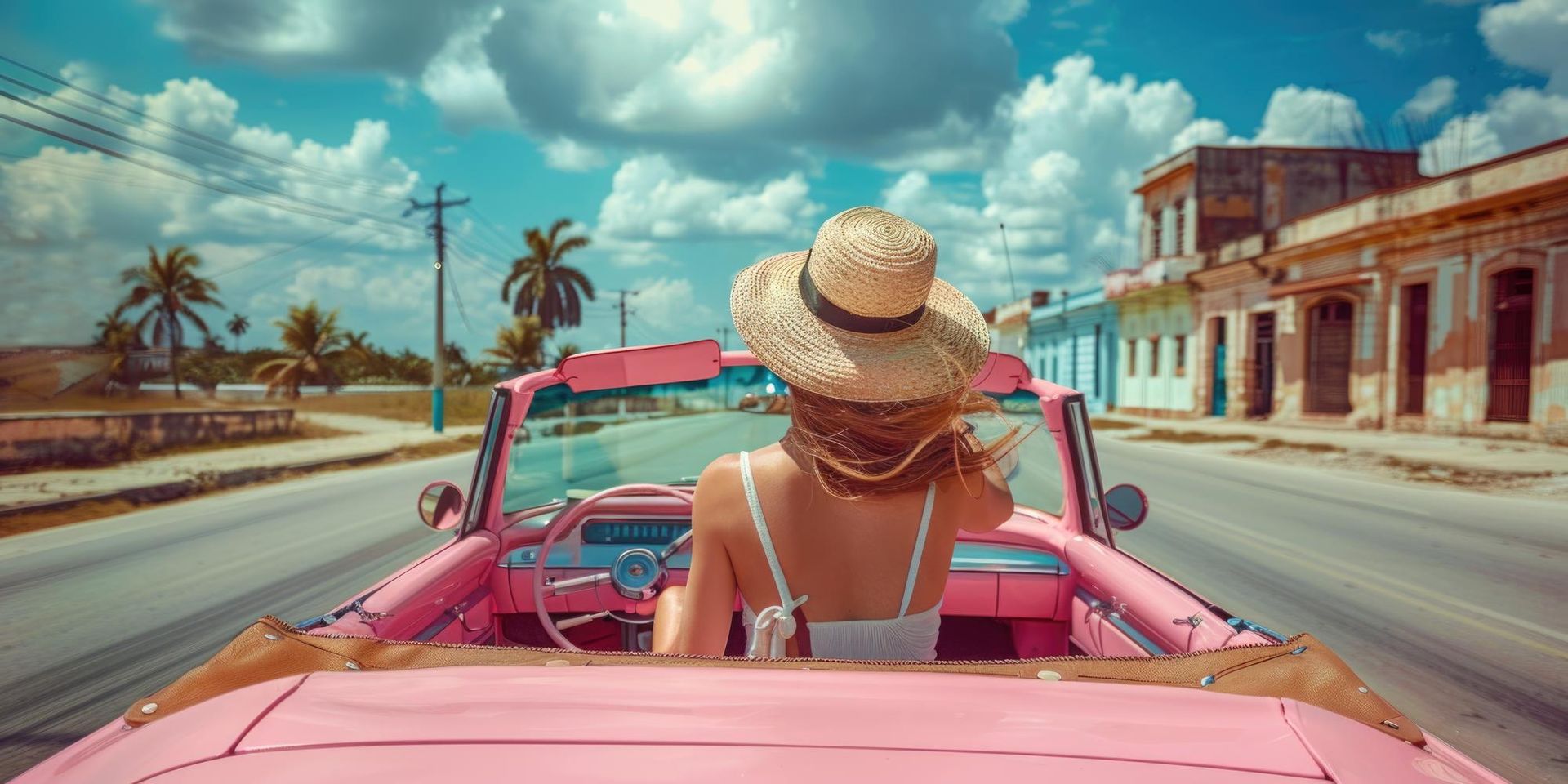 Woman in straw hat rides in a pink convertible on a sunny coastal road past palm trees and old buildings