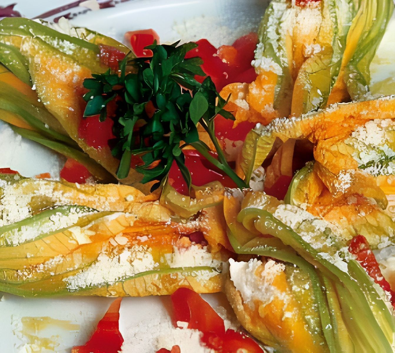 Fiori di zucca ripieni, guarniti con formaggio grattugiato ed erbe aromatiche, serviti su un piatto bianco.
