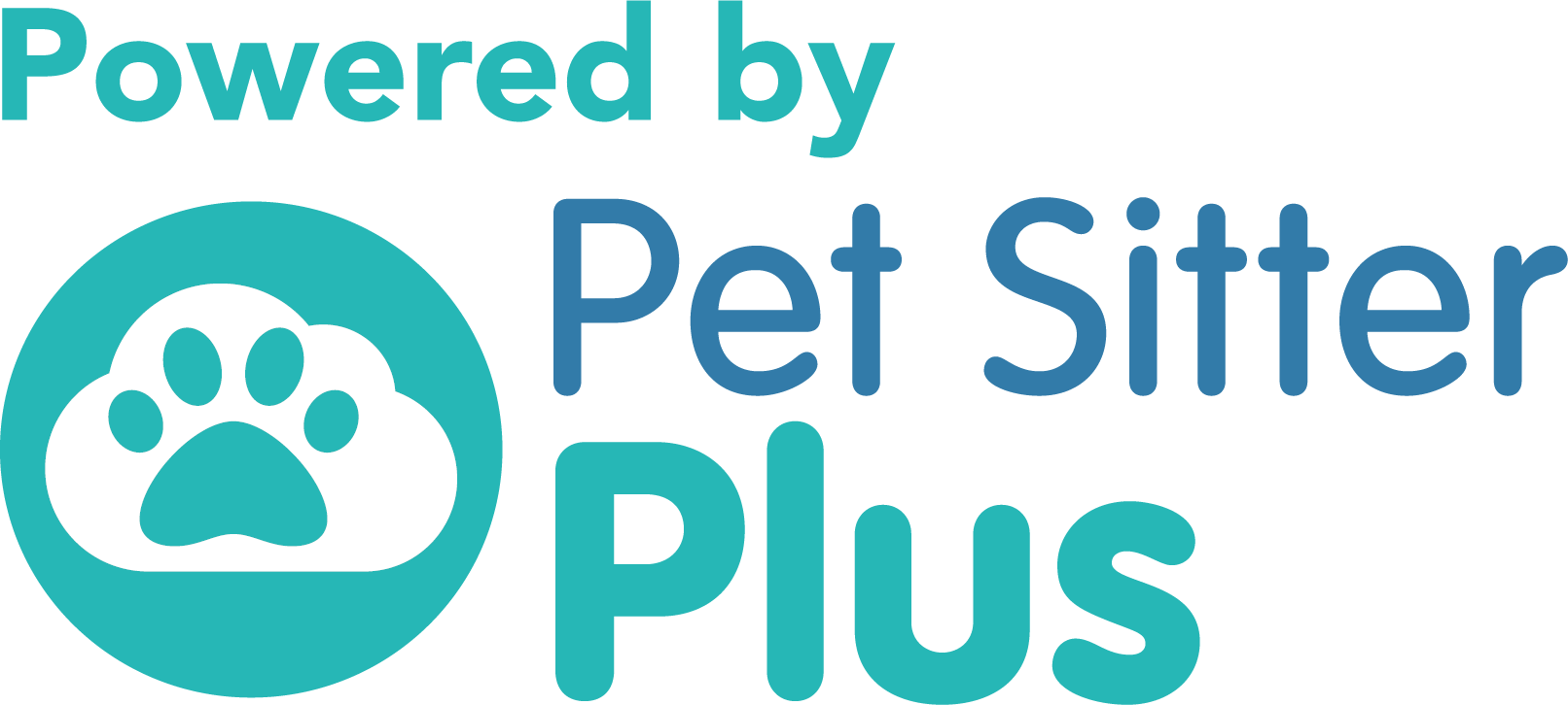 “Powered by Pet Sitter Plus” logo in teal and blue with a paw print icon