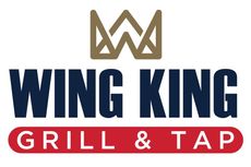 Wing King Grill & Tap logo: dark blue text with crown, red bar underneath reads