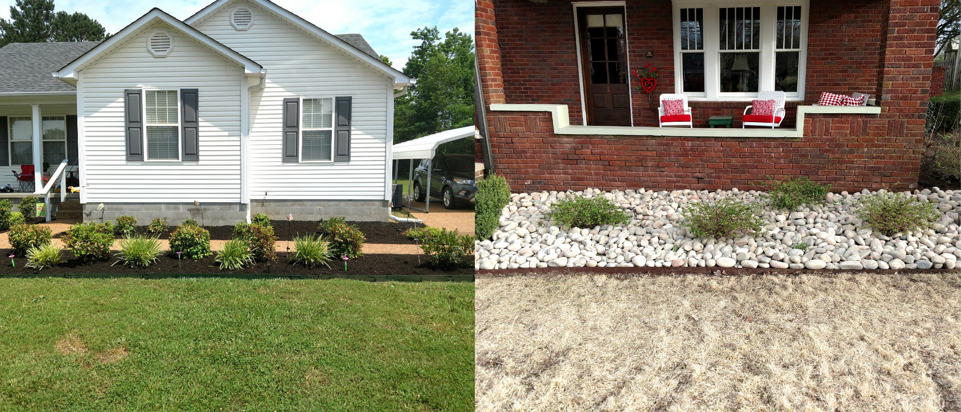 Split-view of a white house exterior and a red-brick porch with white trim and flowers