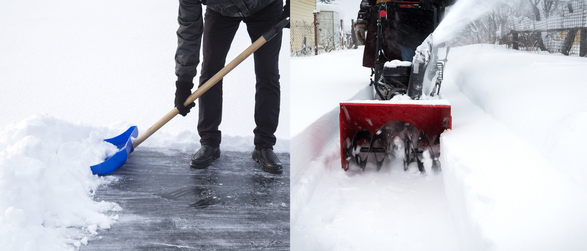 Two people clearing snow with shovels; blue shovel on icy pavement and red snow pusher in deep snow.