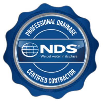 Blue NDS professional drainage certified contractor badge logo with white text and globe icon