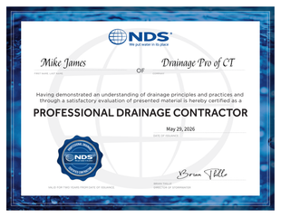 NDS certificate with blue border for “Professional Drainage Contractor” for Mike James