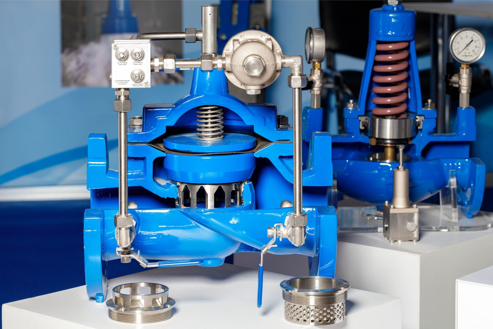 Cross-section of a blue industrial valve, showcasing internal components and mechanisms. Cross-section of a blue industrial valve, showcasing internal components and mechanisms.