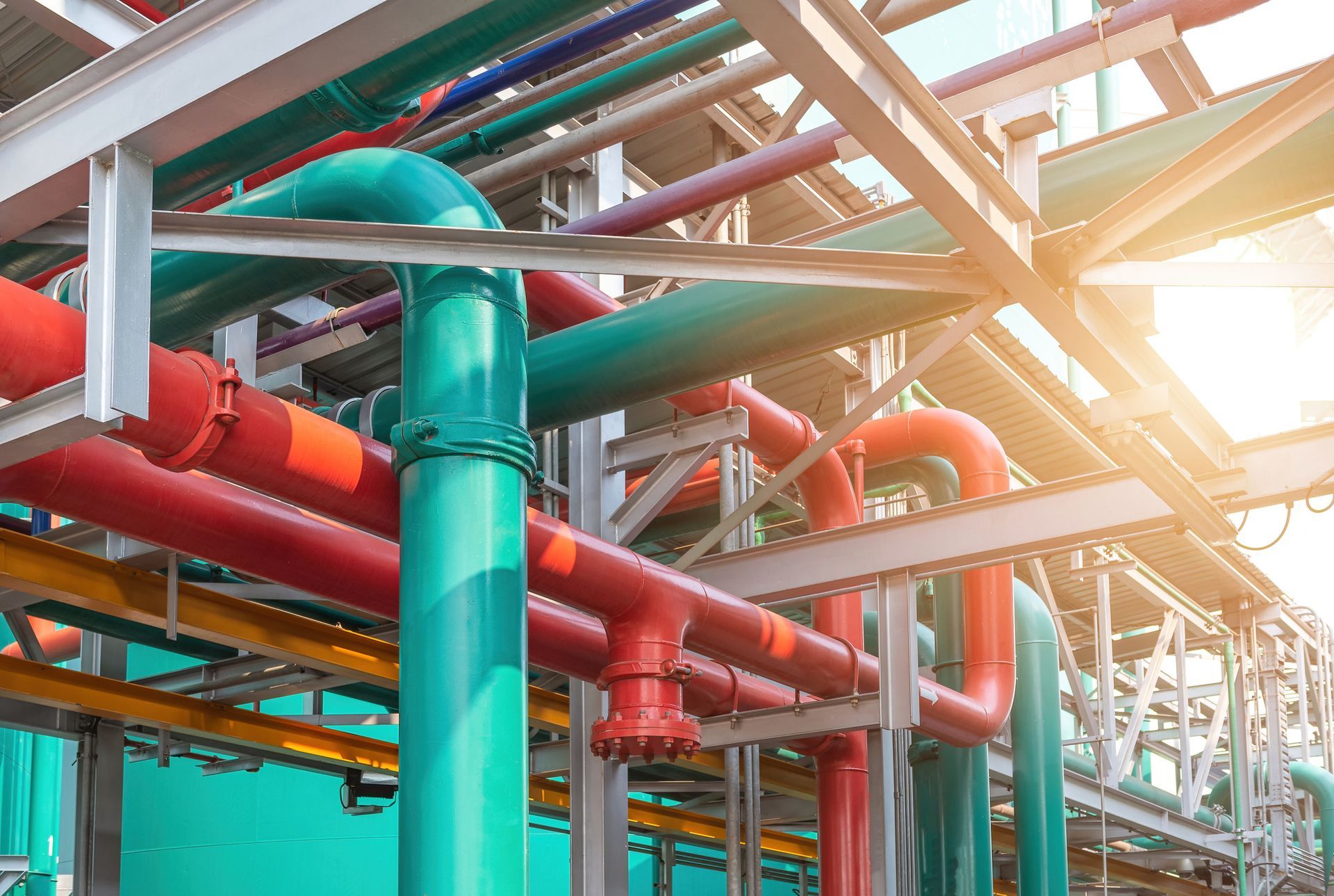 Colorful pipes, red and teal, snaking through an industrial framework under sunlight.