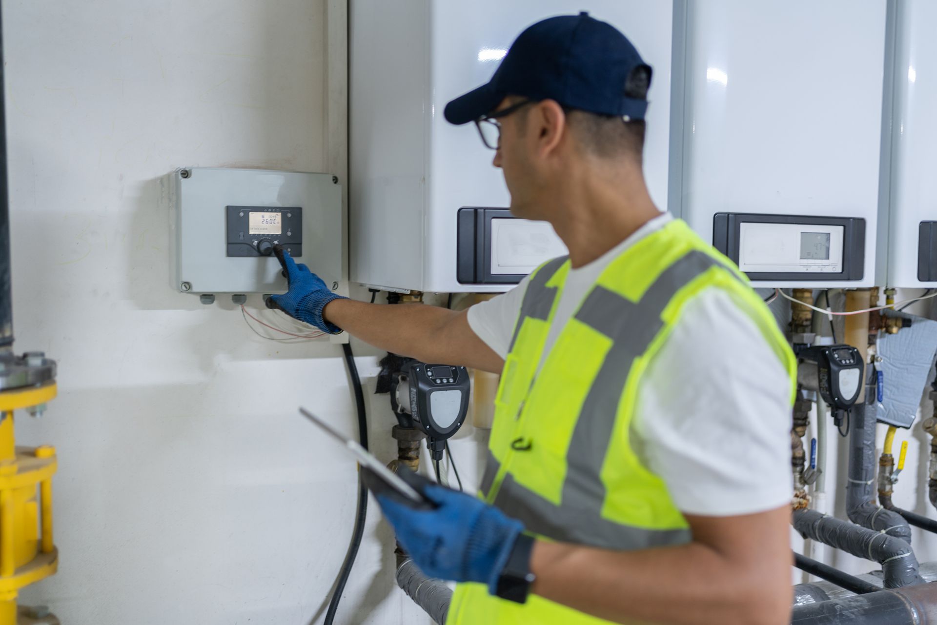 Technician in yellow vest adjusts control panel, checking settings with a tablet in a utility room.