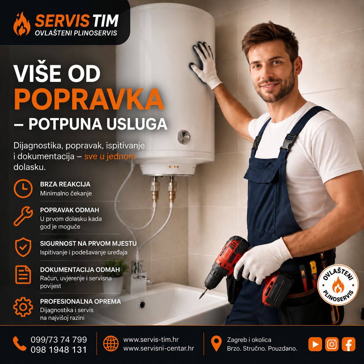 SERVIS TIM pruža potpunu uslugu servisa plinskih bojlera, od dijagnostike i popravka do provjere ispravnosti i dokumentacije.