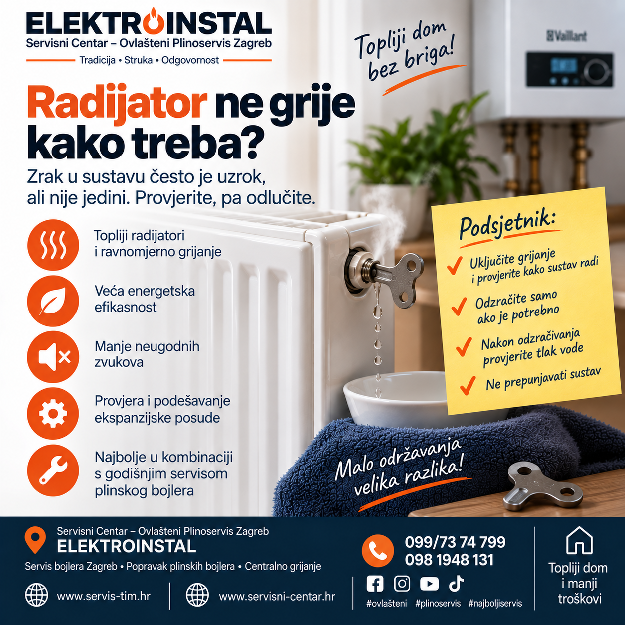 Radijator ne grije ravnomjerno – zrak, slab protok i nečistoće kao mogući uzroci problema centralnog grijanja – ELEKTROINSTAL Servis Tim Zagreb.