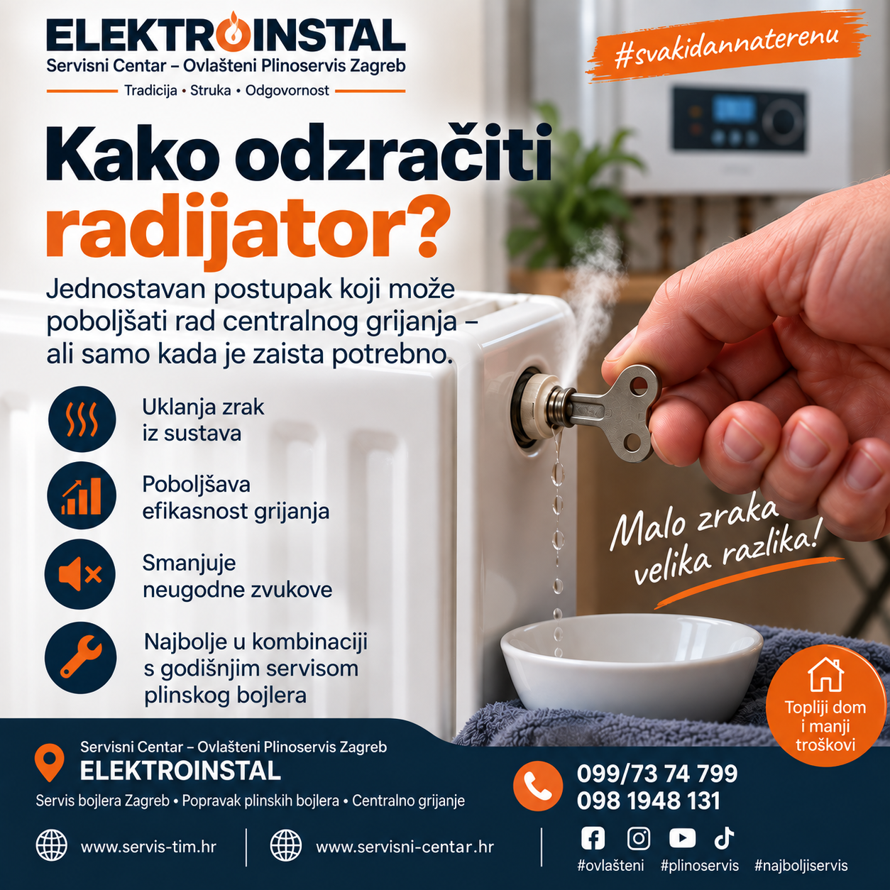 Odzračivanje radijatora ključem radi uklanjanja zraka iz sustava centralnog grijanja – ELEKTROINSTAL Servis Tim Zagreb.