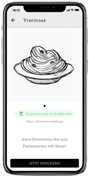 ein schwarz-weisses Bild (gutschein) von Nudeln auf einem Teller auf einem Smartphone .