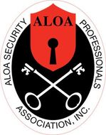 ALOA Security Professionals logo: Red shield with keyhole over crossed keys, black oval.