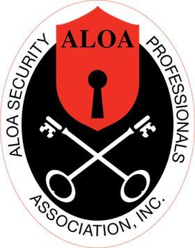 ALOA Security Professionals logo: Red shield with keyhole over crossed keys, black oval, text 