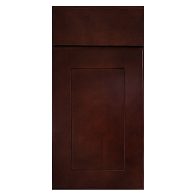A close up of a dark wooden cabinet door on a white background.