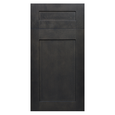 A close up of a black cabinet door on a white background.