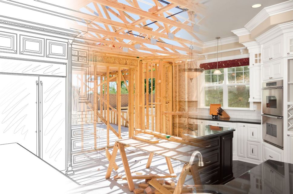 A drawing of a kitchen under construction next to a picture of a kitchen under construction.