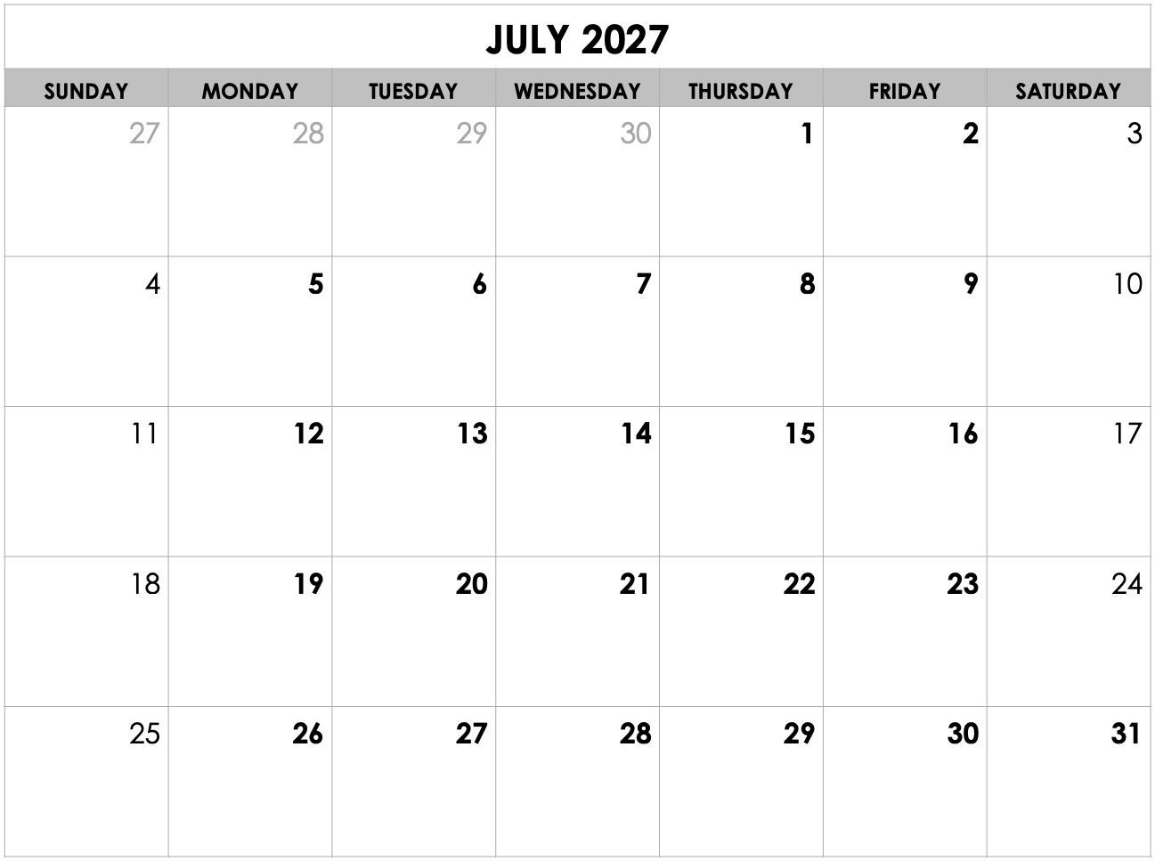 A black and white calendar for july 2025
