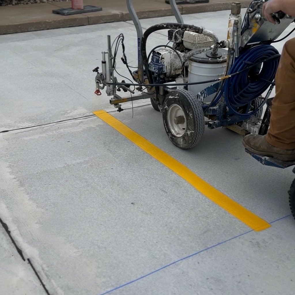 Parking lot striping in Santa Fe NM with machine applying bright yellow line on concrete surface