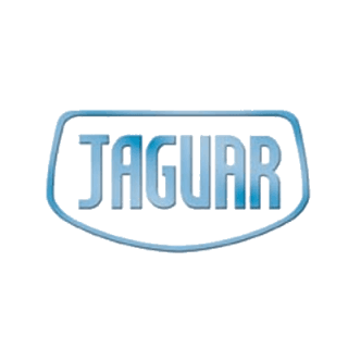 Logo Jaguar con testo azzurro in un rettangolo arrotondato azzurro.