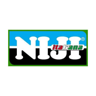 Logo per Niji Italiana, un marchio. Contiene testo bianco in un riquadro verde e blu.