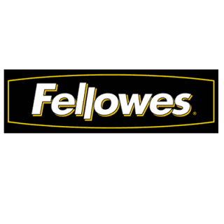 Logo Fellowes: testo bianco su sfondo nero, incorniciato da linee gialle.