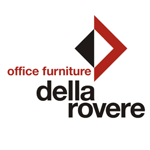 Logo per i mobili per ufficio Della Rovere, con un disegno geometrico rosso e nero sopra il nome dell'azienda.