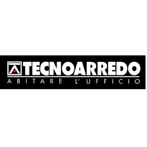 Logo per Tecnoarredo, azienda produttrice di mobili per ufficio. Sfondo rettangolare nero con testo bianco e logo rosso.