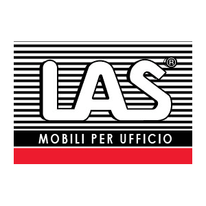 Logo per LAS Mobili Per Ufficio, lettere bianche su sfondo a righe bianche e nere, con barra inferiore rossa.