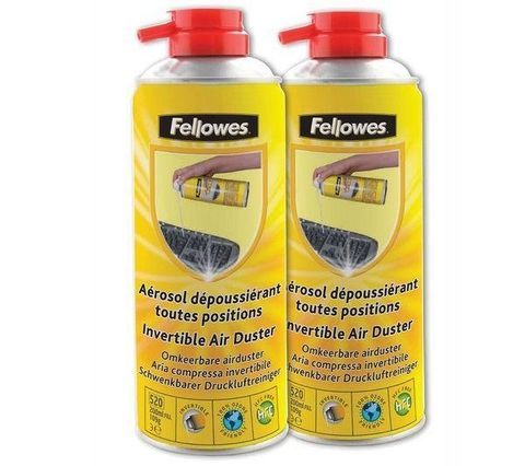 Due bombolette di Fellowes Invertible Air Duster con ugelli rossi, etichette gialle e testo in francese.