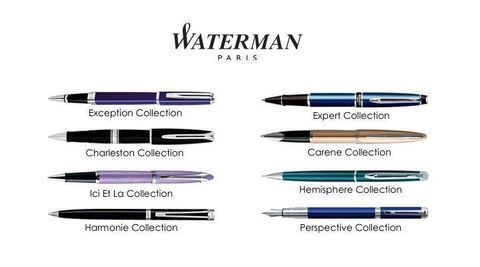 Collezione di penne Waterman: vari stili e colori di penne con etichette di testo.