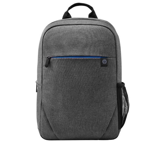 Zaino grigio per laptop HP con dettaglio cerniera blu e tasca laterale in rete.