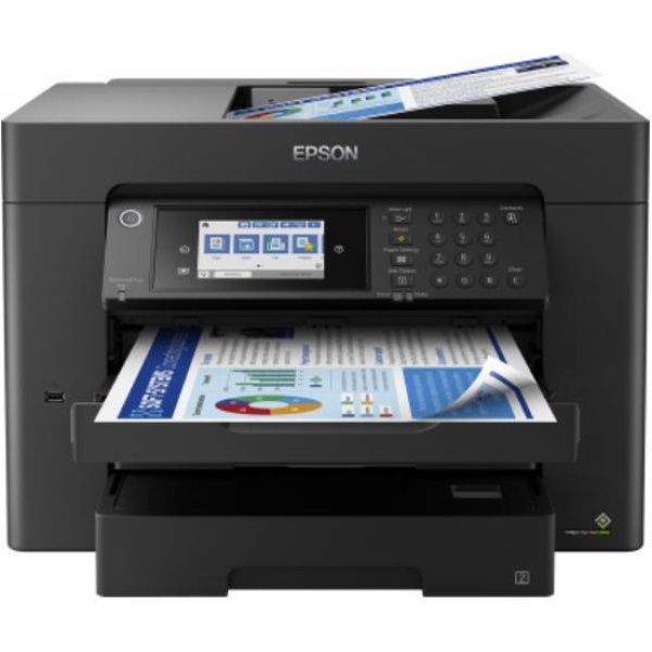 Stampante multifunzione Epson nera che stampa un documento con grafici e tabelle; il vassoio di uscita contiene le pagine stampate.