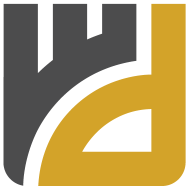Dark gray and gold logo of a stylized castle tower with the letter