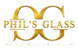 Phil’s Glass logo in gold with “Home • Auto • Repair” beneath the initials PG