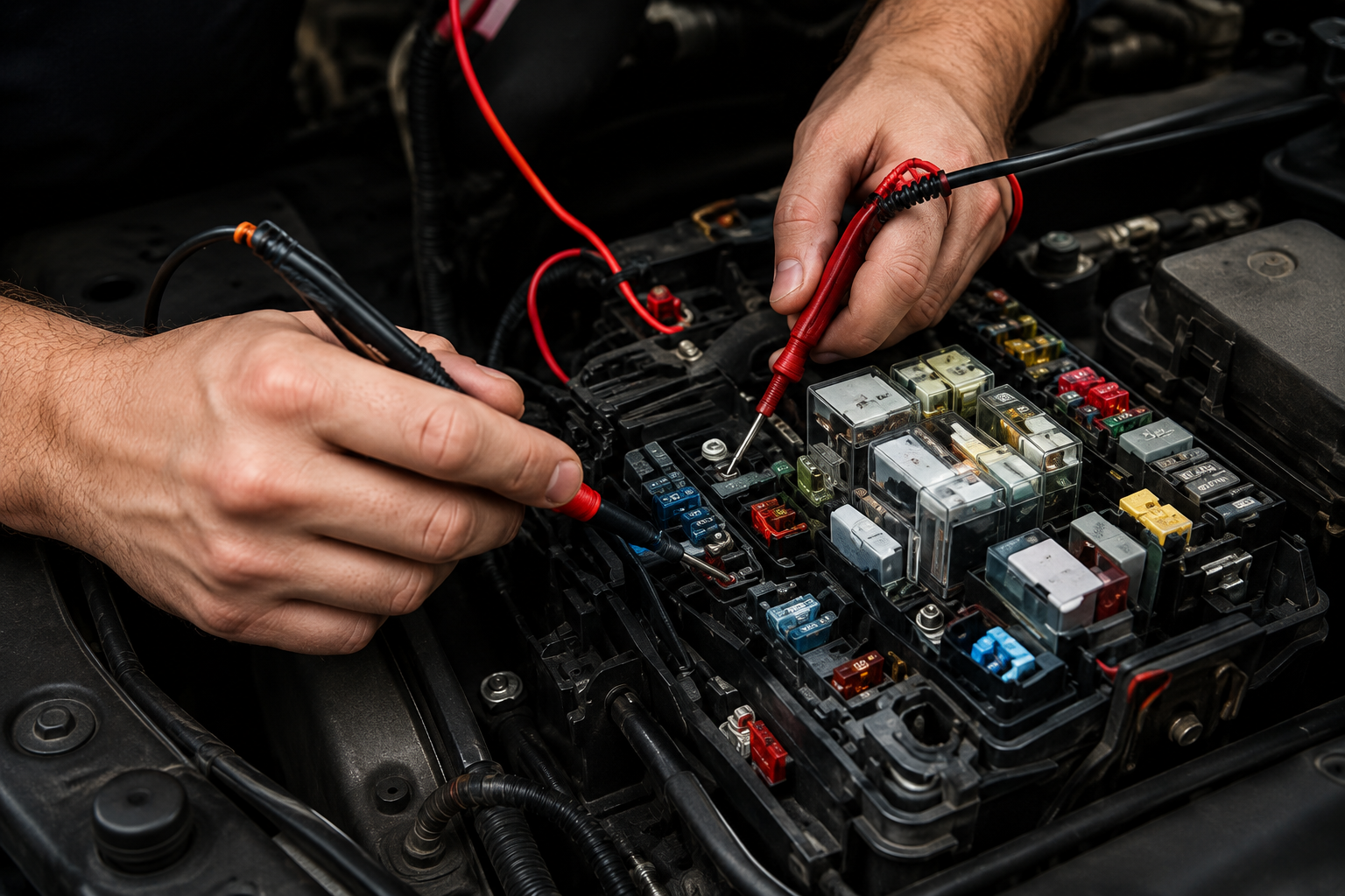 Hands probing a car fuse box with red and black test leads under the hood